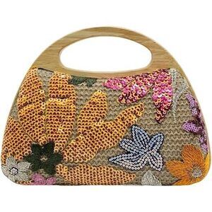 Women Sparkly Sequin Embroidered Flower Evening Handbag Straw Clutch Purse Top